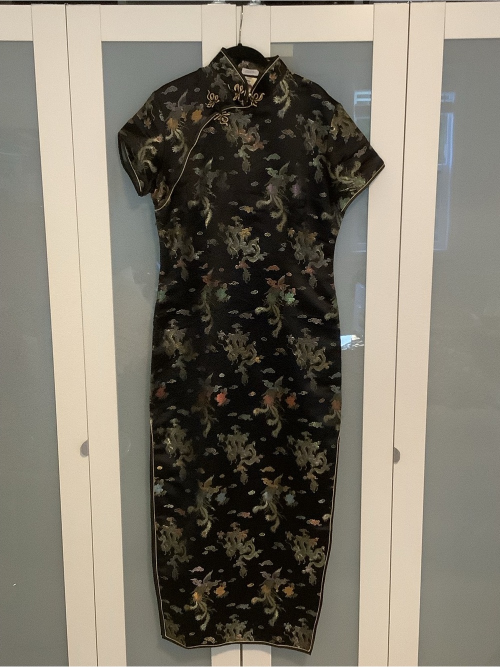 Classic Black Floral Satin Cheongsam Dress